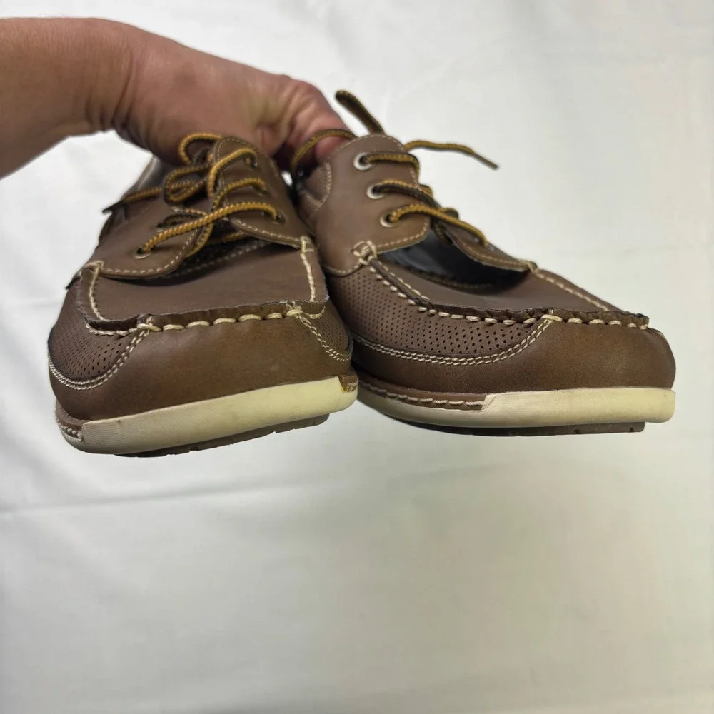 IZOD Mens Brown Faux Leather Memory Foam Boat‎ Shoes Lace Up Size 10 M Preppy